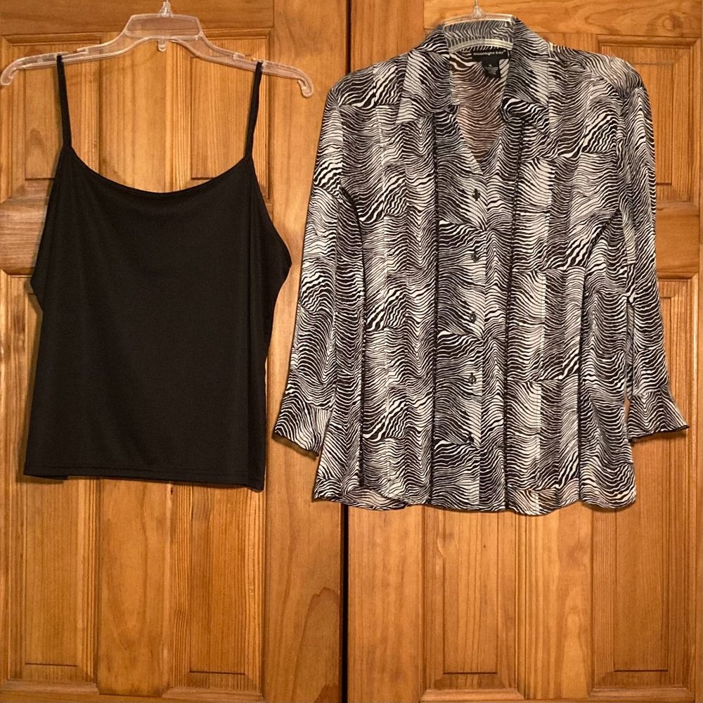 NWOT Moonlight Bay Vintage 90s Top Long Sleeve Blouse & Camisole Black White XL